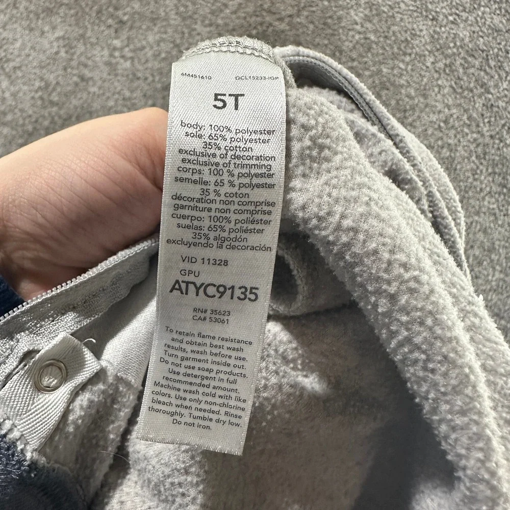 Carters One Piece Pajama Suit‎ Boys Toddler 5T Footed Gray Bear Full Zip
